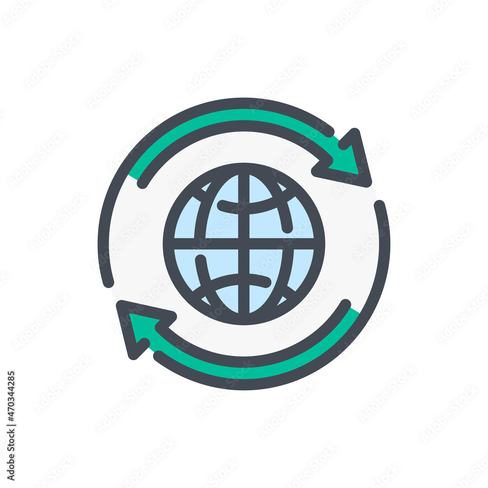 Poster globe and planet rotation color line icon. planet with rotating arrows vector outline colorful sign.