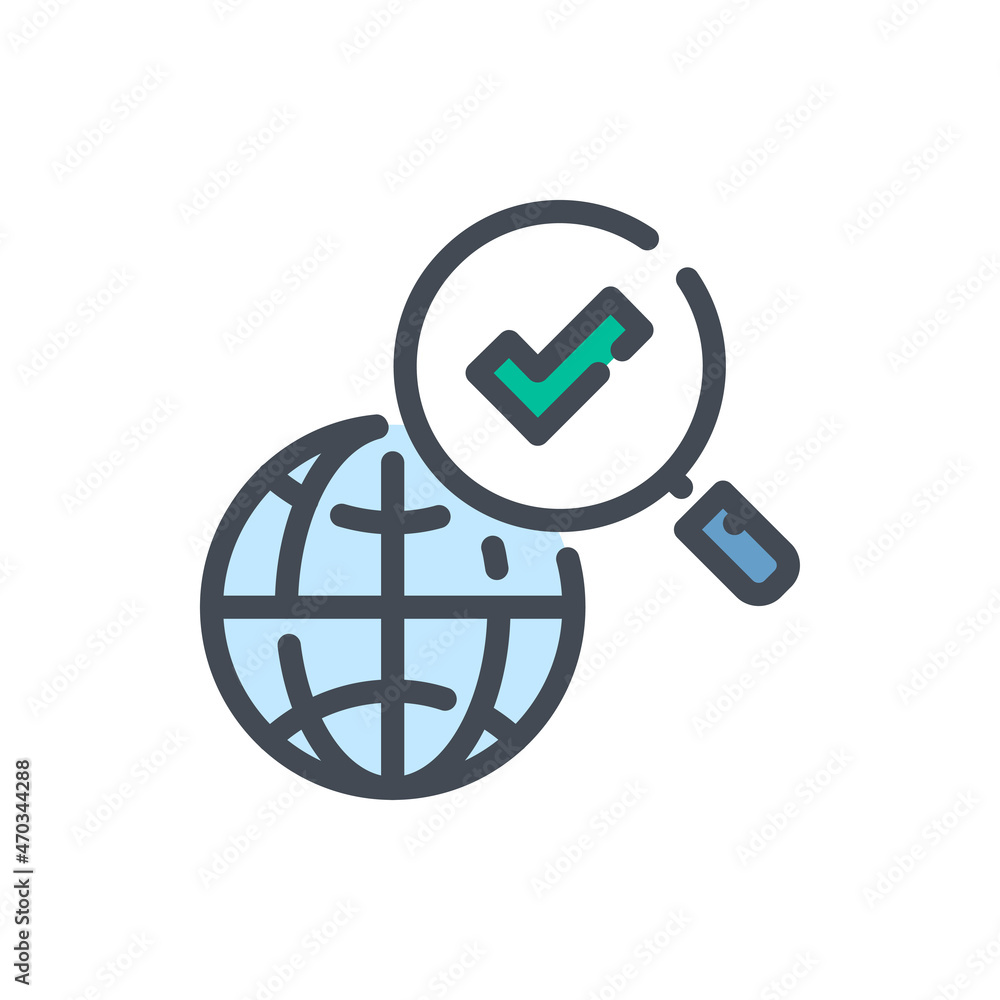 Poster global research color line icon. planet with magnifier and check mark vector outline colorful sign.