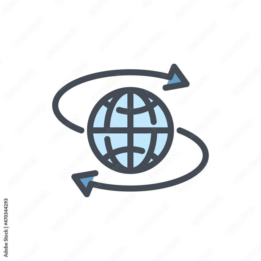 Poster direction of movement of the planet color line icon. globe with arrows vector outline colorful sign.