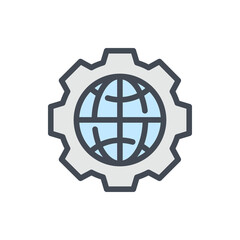 Gear global color line icon. Cogwheel with planet vector outline colorful sign.