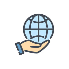 Globe care color line icon. Hand holding the planet vector outline colorful sign.