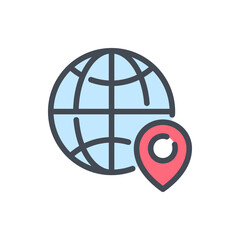 Global location color line icon. Planet with pin vector outline colorful sign.