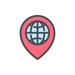 Location color line icon. Location pin with planet vector outline colorful sign.