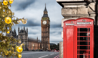 London symbols, BIG BEN with Christmas tree and red Phone Booths in England, UK