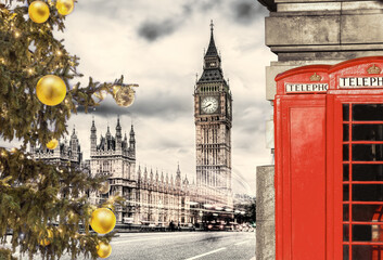 Fototapeta na wymiar London symbols, BIG BEN with Christmas tree and red Phone Booths in England, UK
