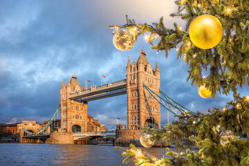Tower Bridge with Christmas tree in London, England, UK
