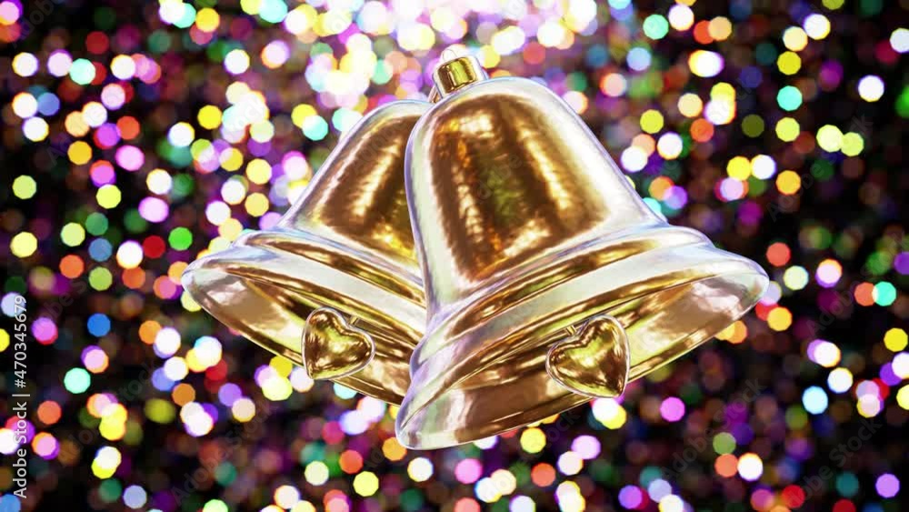 Aufkleber realistic looping 3d animation of two small golden christmas bells with beautiful colorful bokeh ren