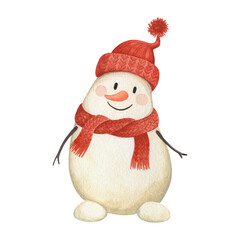 Snowman in red hat and scarf. Watercolor illustration isolated on white.