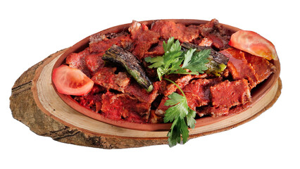 top view  of Traditional Turkish Doner Kebab also known iskender. Iskender kebab iskender kebap. Turkish style doner kebab food on wooden tray. Isolated.