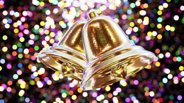 Realistic looping 3D animation of two small golden Christmas bells with beautiful colorful bokeh rendered in UHD