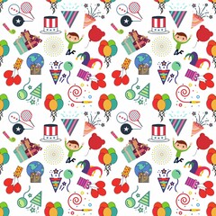 Hand drawn doodle party background with balloons, fireworks, confetti and oat flags garlands.