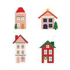 Fototapeta premium Winter cozy buildings. Set of isolated textured illustrations of houses. 