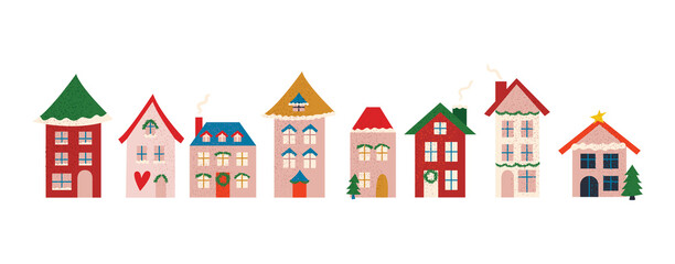 Set of winter cozy buildings. Hand drawn textured vector illustration.