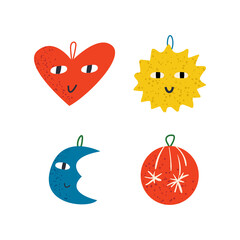 Christmas cute decorations. Vector hand drawn illustration. Heart, sun, moon and ball. Cute funny and funky faces 