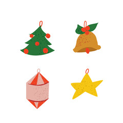 Set of christmas tree decorations. Bell, star and tree. Vector textured illustration