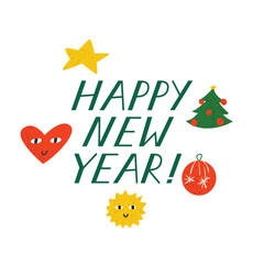 Fototapeta na wymiar Happy new year holiday lettering with cute illustrations of christmas decorations. Vector handwritten quote