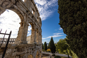 Roman aqueduct country. A wall fragment of ancient Roman amphitheater - Arena in Pula, Croatia