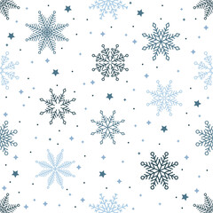 Simple Christmas seamless pattern. Snowflakes with different ornaments. On white background