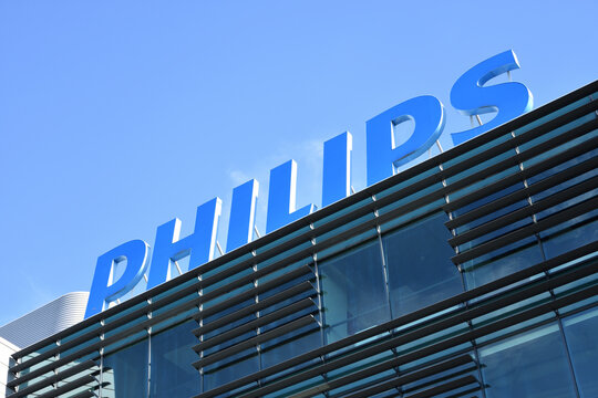 Philips logo on the facade of Philips Polska building. WARSAW, POLAND - AUGUST 2, 2020