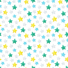 Fototapeta na wymiar Colored stars on an endless background. Seamless pattern with small watercolor figures. Bright print in white, green, blue, yellow colors for fabric, paper, packaging, textiles, scrapbooking