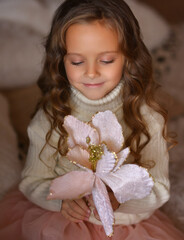 beautiful caucasian girl with a horse in the forest at sunset