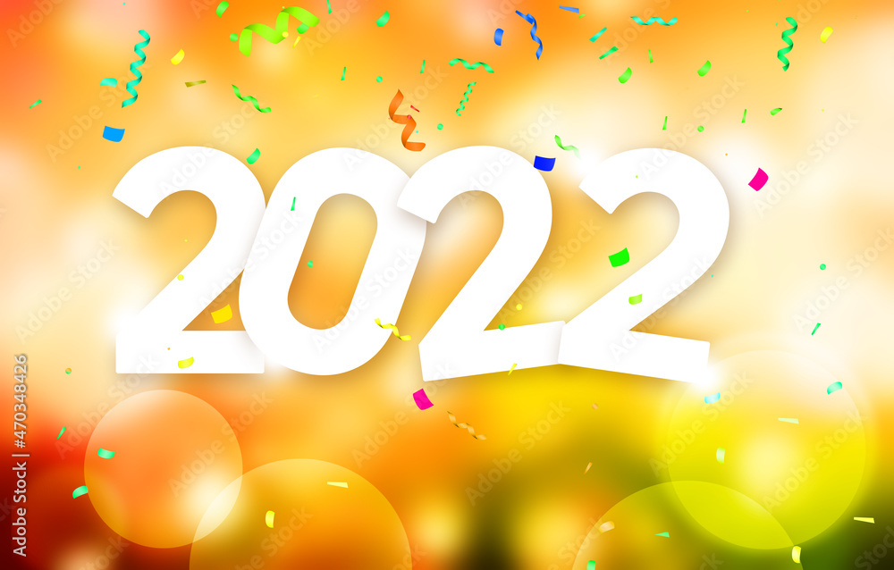 Poster beautiful glowing 2022 background with blur bokeh lights and glowing shapes. selective defocused lig