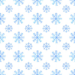 Seamless pattern with watercolor snowflakes of blue color. White background with small snow figures. Winter sample polka dot ornament for fabric, textiles, wallpaper, packaging, print