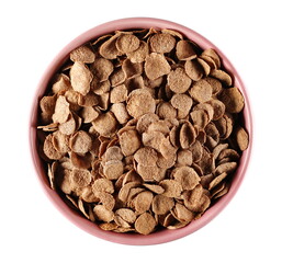 Crunchy corn flakes cocoa, cereal, muesli pile in bowl isolated on white background, top view