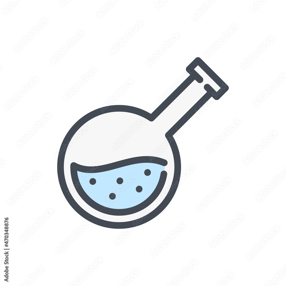 Poster round bottom flask with liquid color line icon. laboratory glassware equipment vector outline colorf