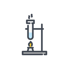Heating of test tube with liquid color line icon. Chemical reaction on stand with flame and laboratory glassware vector outline colorful sign.