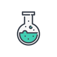 Round bottom flask with liquid color line icon. Laboratory glassware equipment vector outline colorful sign.