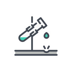 Acid drop from test tube with liquid color line icon. Chemical reaction on stand with danger liquid glassware vector outline colorful sign.