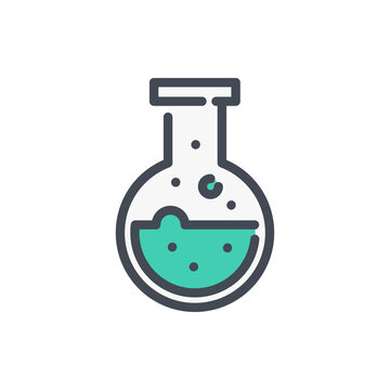 recommend clip art: Round bottom flask with liquid color line icon. Laboratory glassware equipment vector outline colorful sign.