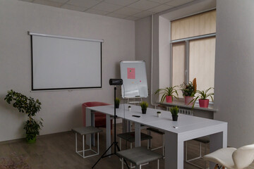 Conference hall, white bright clean office with table, chairs, projector, whiteboard, pink arm-chair and lots of potflowers.