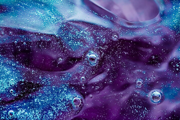 Abstract purple liquid background, paint splash, swirl pattern and water drops, beauty gel and...