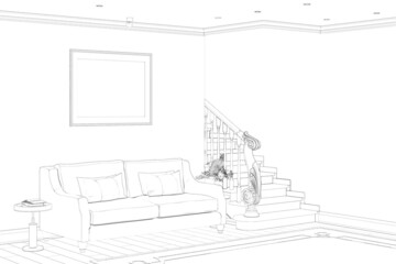 Sketch of the modern classic interior with a horizontal poster, coffee tables on the sides of a classic sofa, a staircase, a carpet on the tiled floor. 3d render