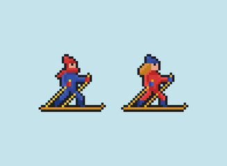 Pixel art vector 8 bit illustration - man and woman in sport jackets skiing on light blue background