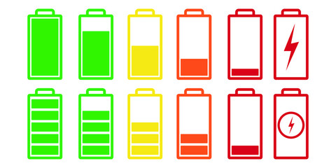 Set of capacity battery icons. Mobile phone charge level illustration sign collection in flat style. Battery icon set. Battery charge charging indicator icons. Battery energy level symbols. Flat style