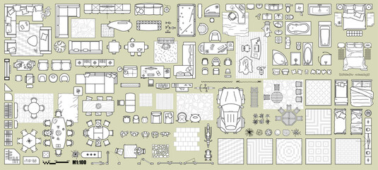 Floor plan icons set for design interior and architectural project (view from above). Furniture thin line icon in top view for layout. Blueprint apartment. Vector - obrazy, fototapety, plakaty