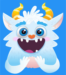 Cute smiling snow monster, yetty in cartoon style