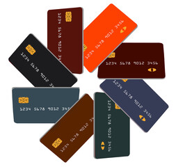 Credit cards, eight of them are arranged in a circular formation in a 3-d illustration isolated on a white background.