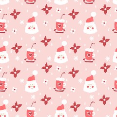 Christmas seamless pattern, Santa Claus, poinsettia, marshmallow cup, snowflakes on pink  background. New Year's print is drawn with a brush, suitable for design of fabrics, wrapping paper