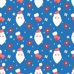 Christmas seamless pattern, christmas stocking, Santa Claus, poinsettia, snowflakes on blue background. New Year's print is drawn with a brush, suitable for design of fabrics, wrapping paper