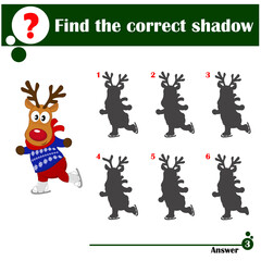 Educational game for preschool children. Find a suitable shadow. Cute deer on skates