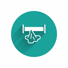 White Broken metal pipe with leaking water icon isolated with long shadow. Green circle button. Vector