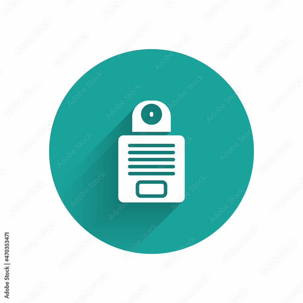 Poster white intercom icon isolated with long shadow. green circle button. vector