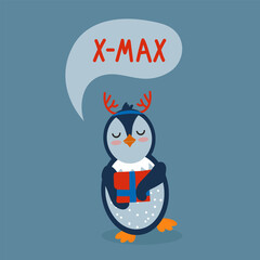 A penguin on a Christmas card. A festive poster with a bird holding a gift. Cartoon illustration with the inscription X-MAX. Vector illustration