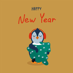 Cute Penguin Christmas card. Festive illustration with the inscription New Year. An animal with a Christmas tree in winter on gold . Vector illustration