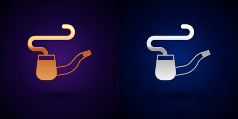 Gold and silver Smoking pipe with smoke icon isolated on black background. Tobacco pipe. Vector