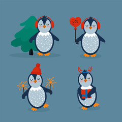 A set of Penguins Happy New Year. Cartoon animals for a postcard for a winter holiday. Poster design with birds and elements of Christmas and New Year. Vector illustration